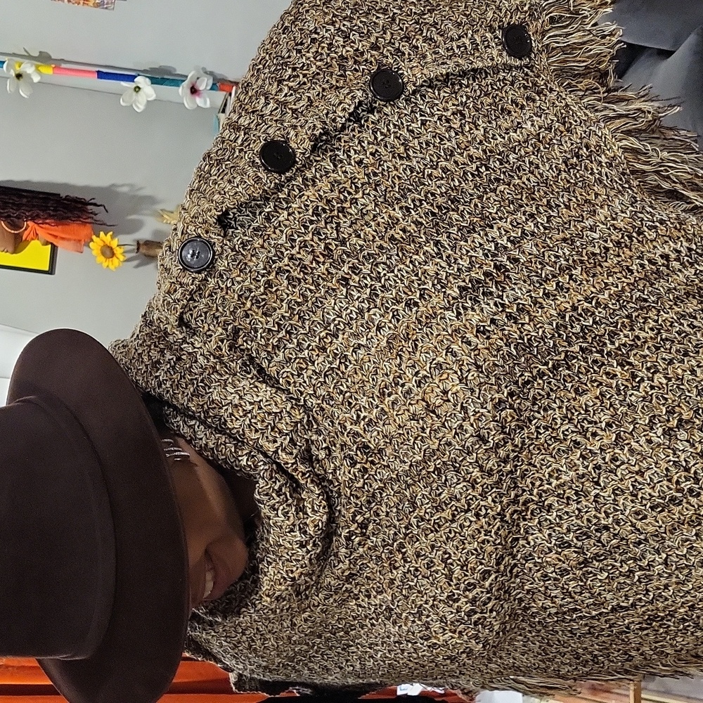 Knit Poncho With Fringe Size 3X. Brown Beige and Cream.